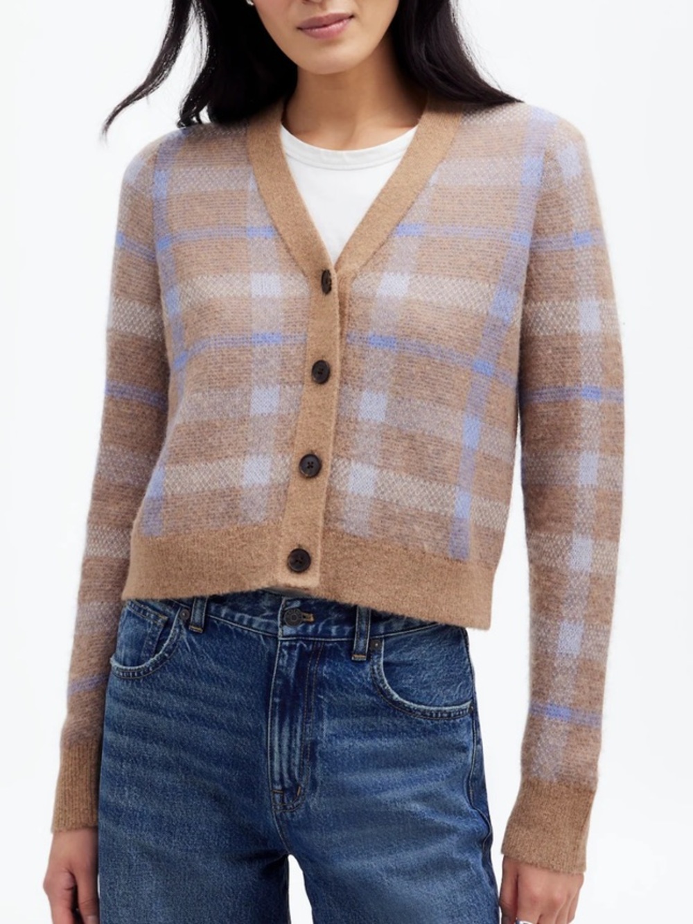 Madewell Alpaca-Blend V-Neck Cardigan in Plaid Warm Camel Sweater Cozy Wool